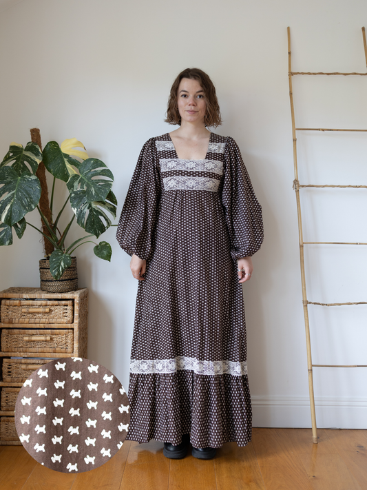 70s Dog Print Balloon Sleeve Maxi Dress - S