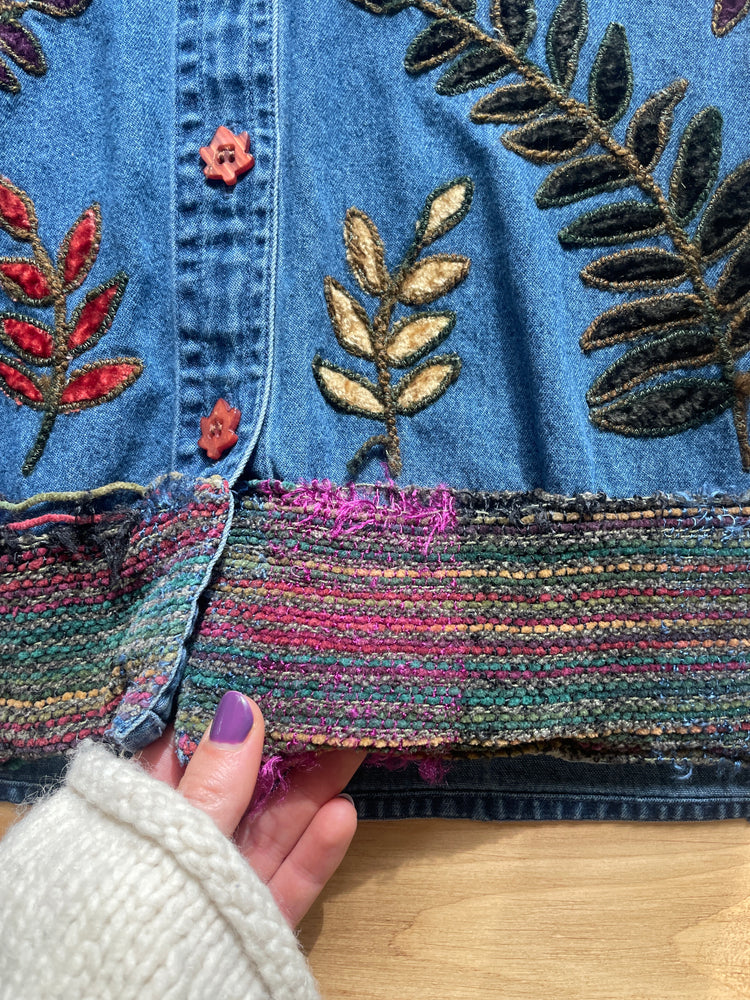 Leaf Embroidered Denim Vest - L