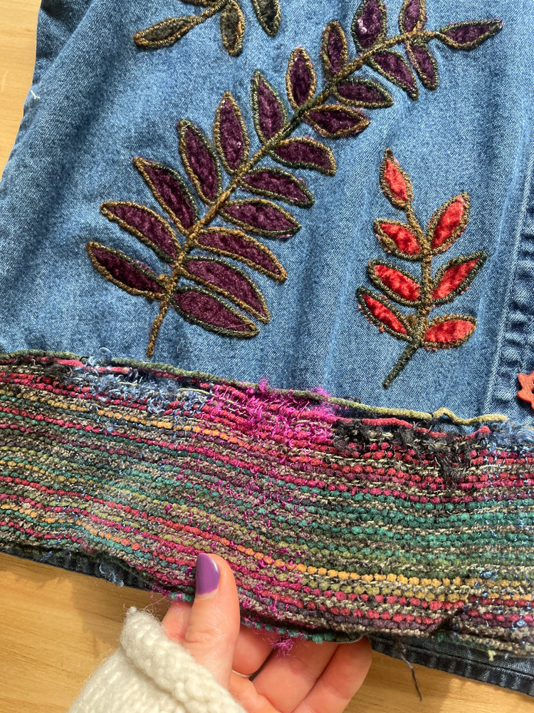 Leaf Embroidered Denim Vest - L