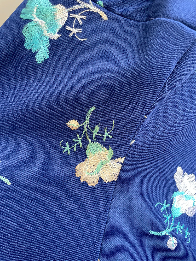 70s Navy Floral Embroidered Maxi Dress - S