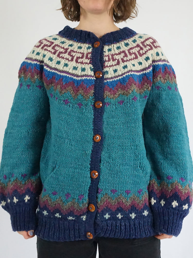 Teal Chunky Wool Cardigan - L