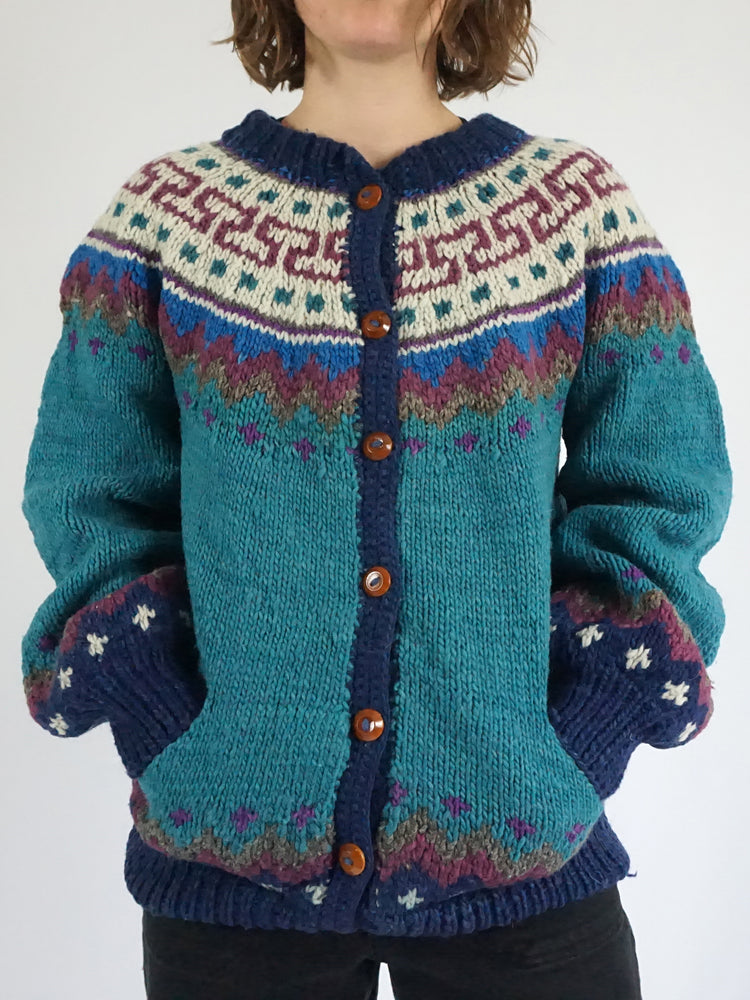 Teal Chunky Wool Cardigan - L