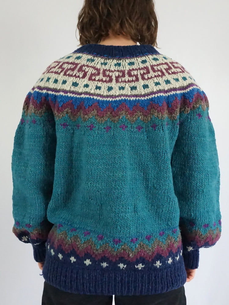 Teal Chunky Wool Cardigan - L