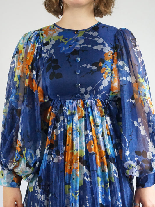 Blue Floral Balloon Sleeve Dress - S
