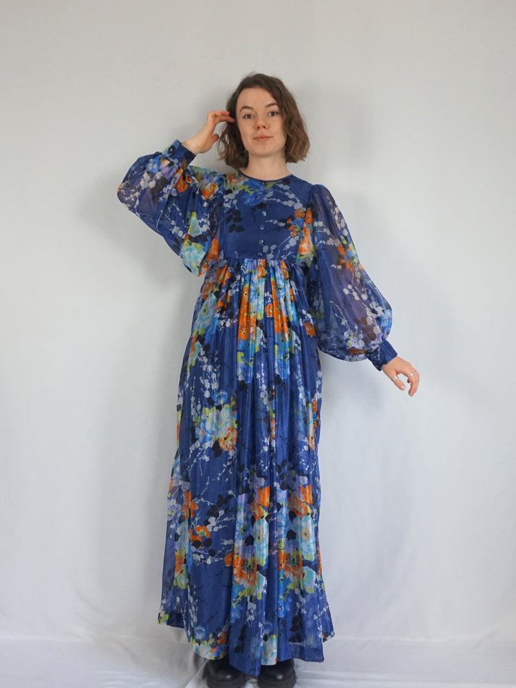 Blue Floral Balloon Sleeve Dress - S