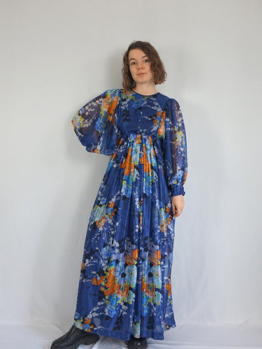 Blue Floral Balloon Sleeve Dress - S