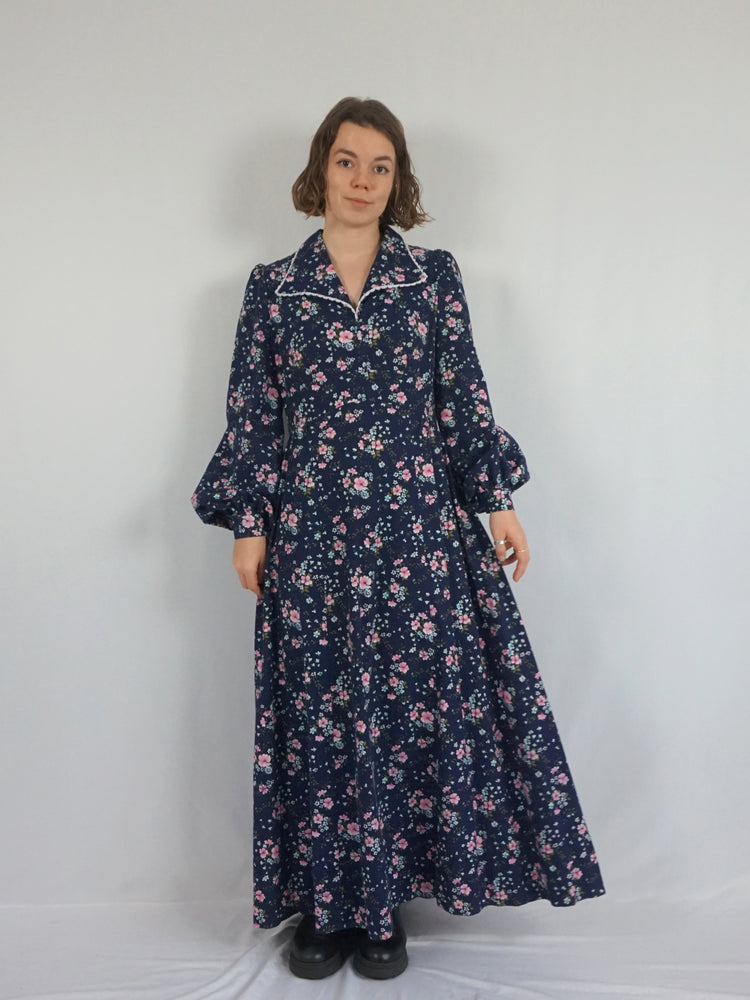 Navy Floral Balloon Sleeve Dress - L