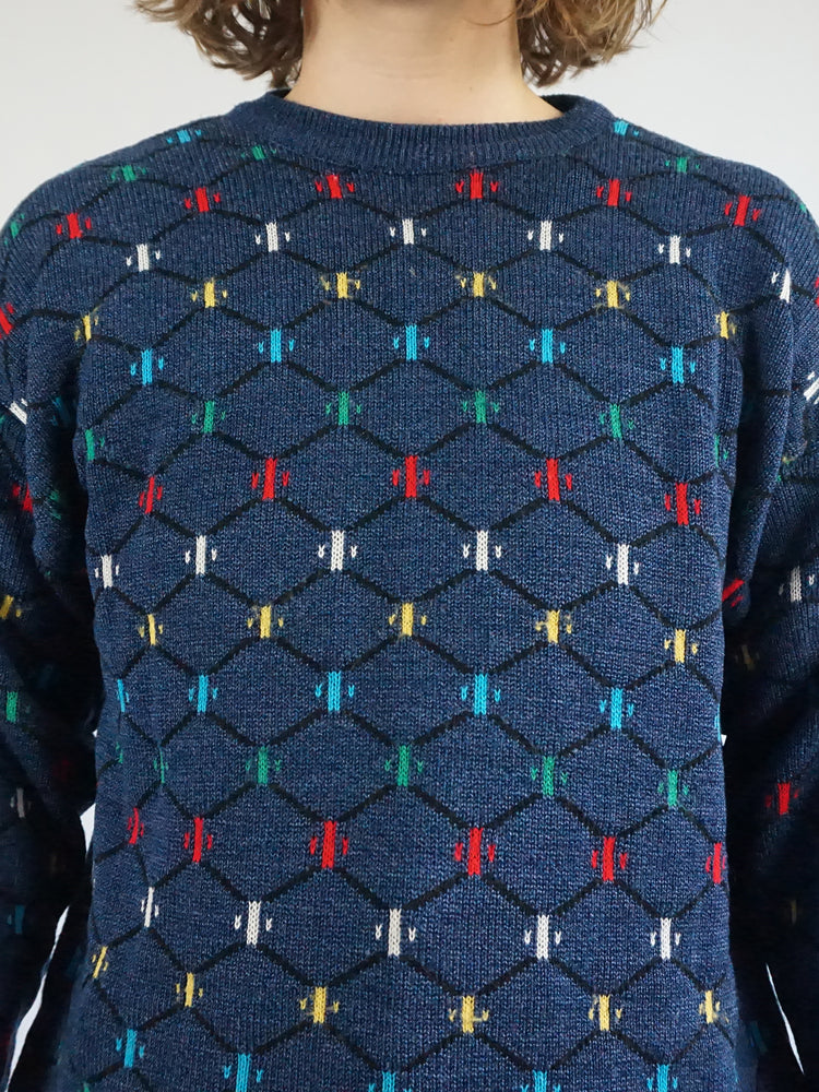 Blue Patterned Cotton Jumper - M