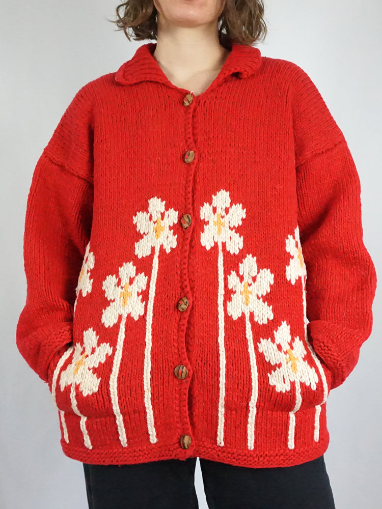 Pachamama Red Daisy Cardigan - XL