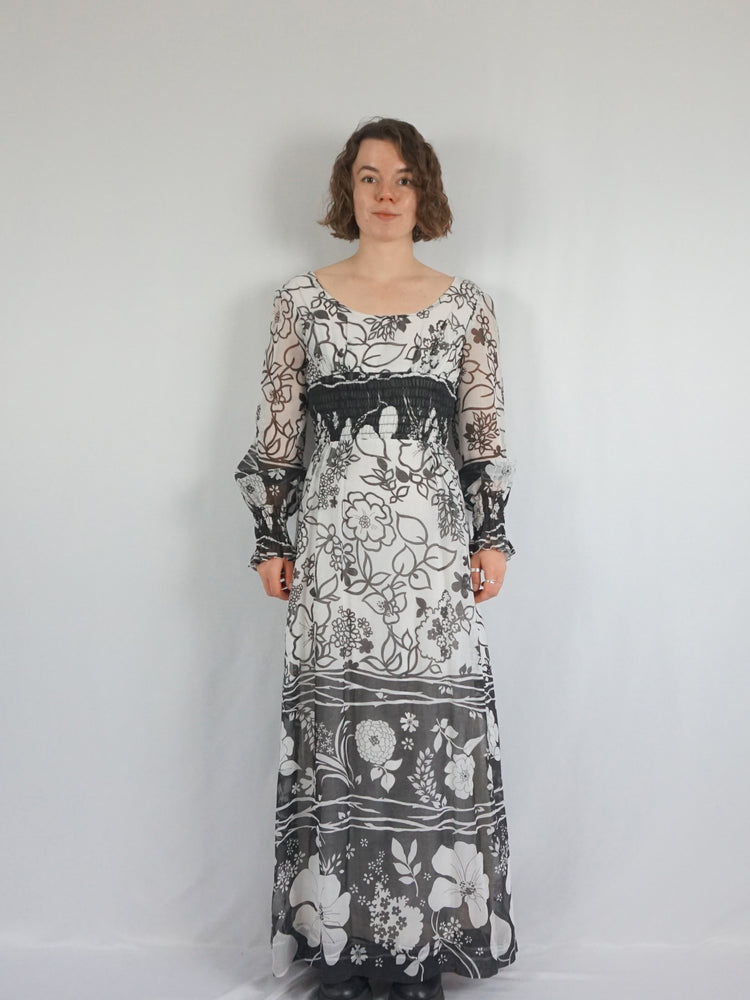 Black and White Floral Maxi Dress - S