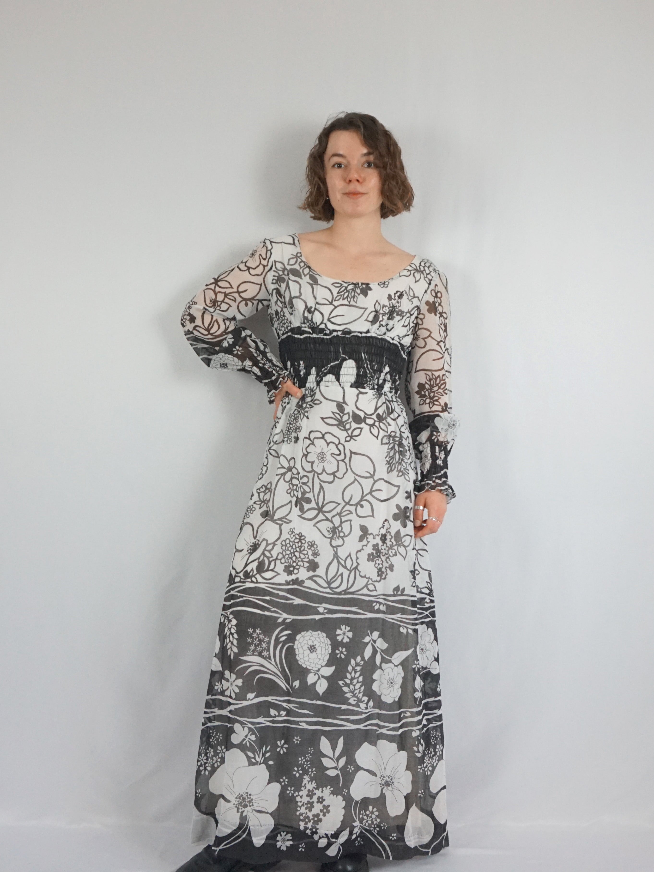 Vintage 1970s Black and White Floral Maxi Dress