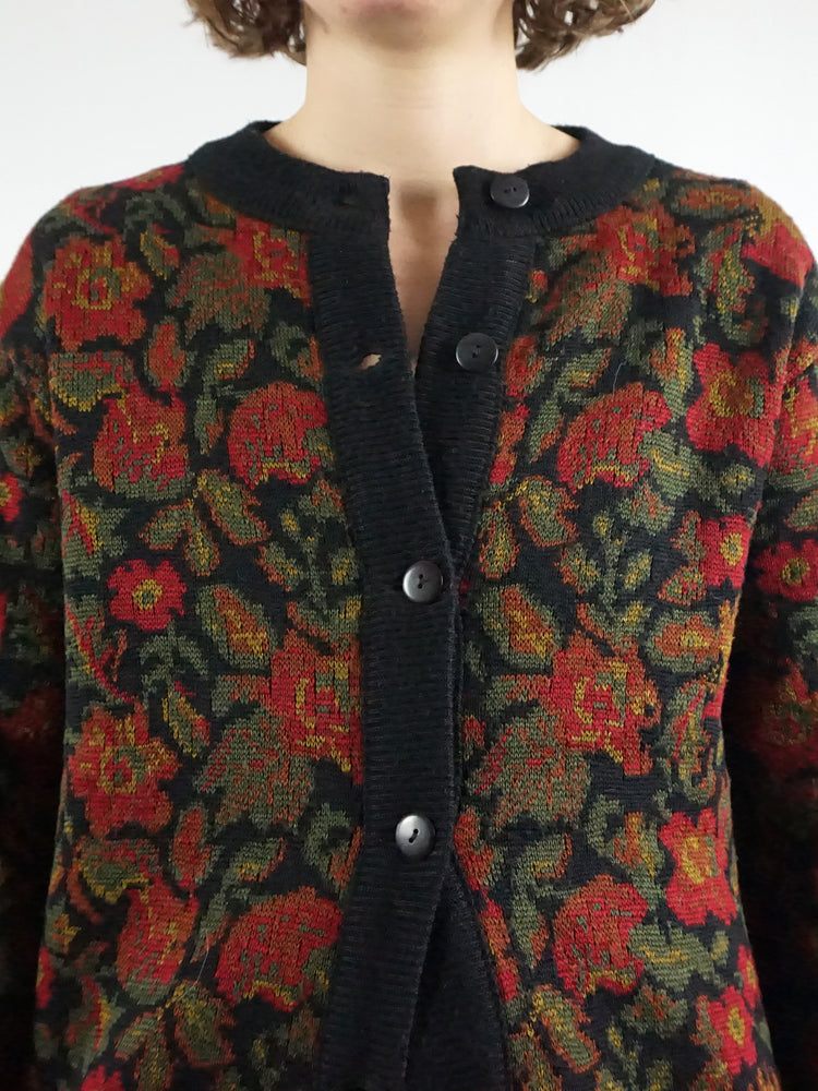 Black Floral Knit Cardigan - M/L