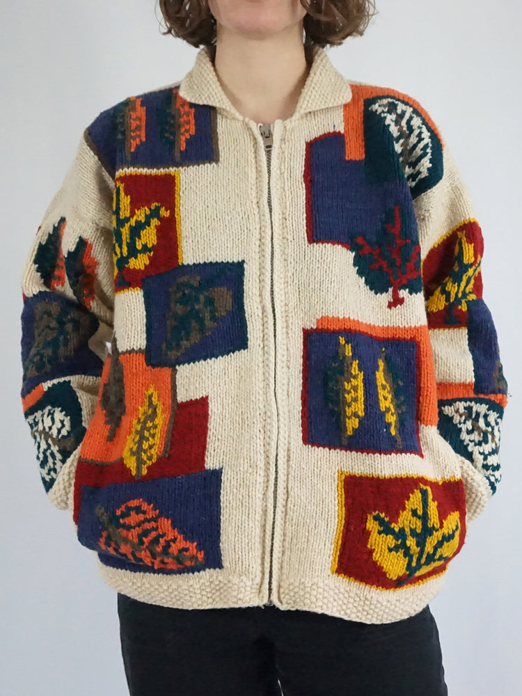 Autumnal Leaf Patterned Cardigan - XL