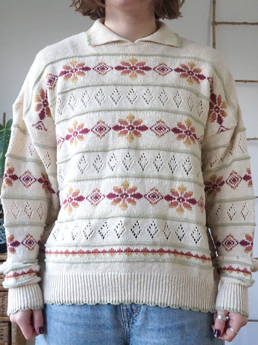 Collared Cotton Patterned Jumper - M