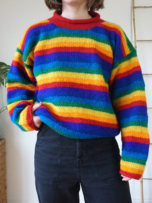 Rainbow Striped Chunky Wool Jumper - L