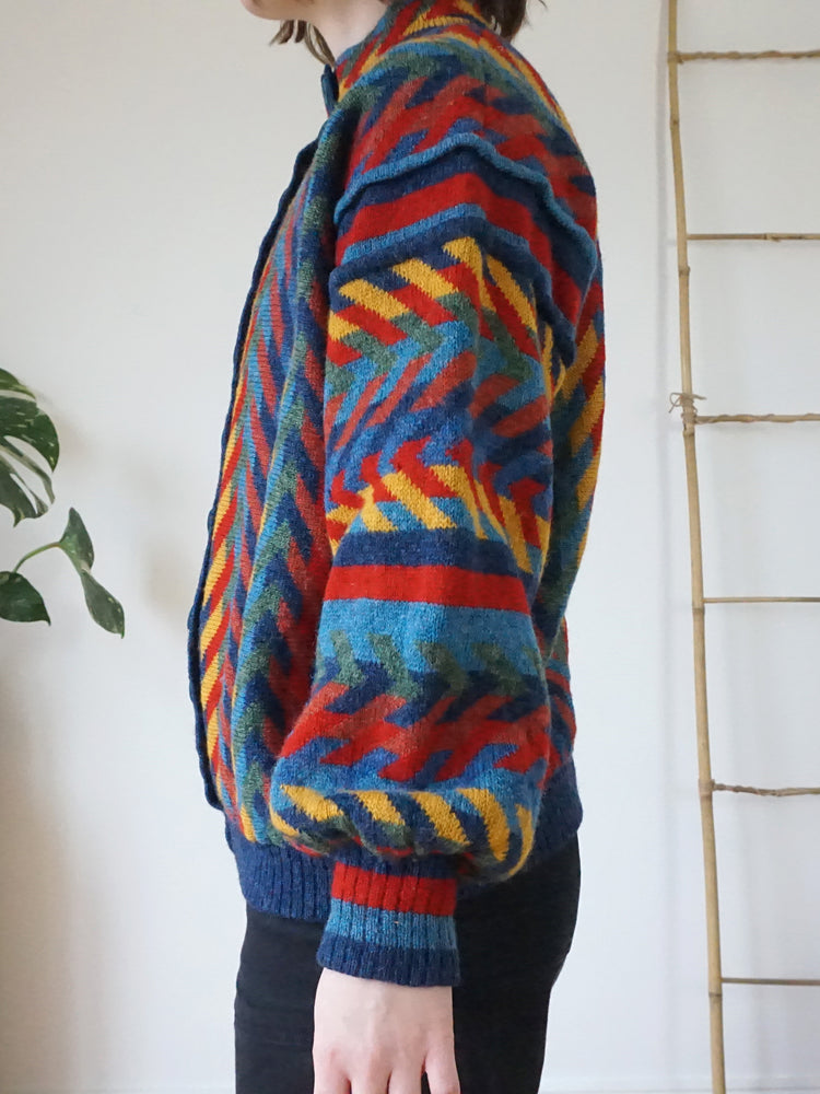 Balloon Sleeve Patterned Cardigan - L