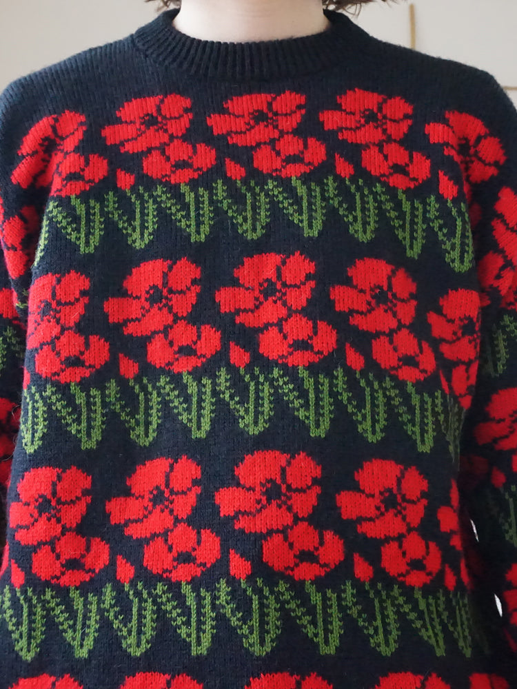 Black Poppy Patterned Jumper - M/L