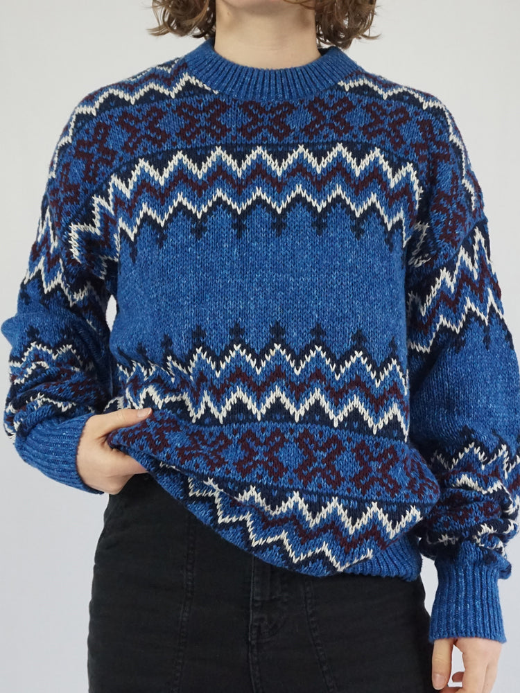 Blue Patterned Cotton Jumper - L