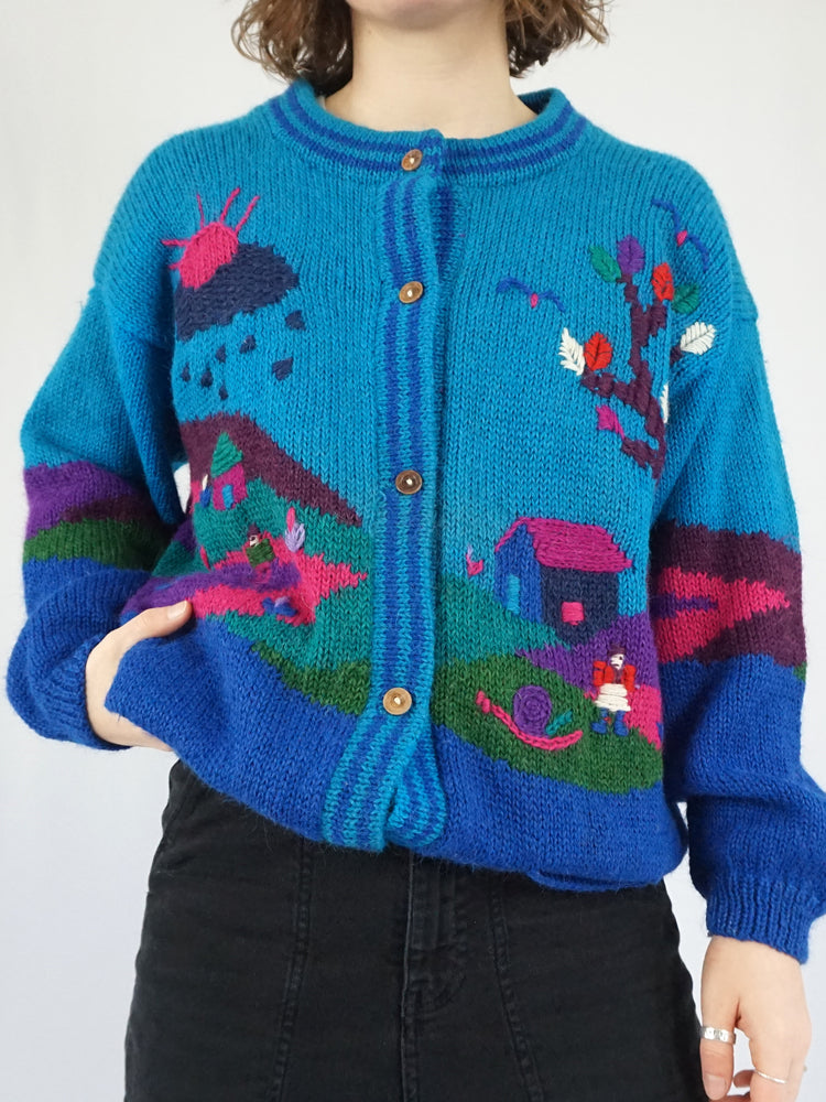 Colourful Countryside Embroidered Cardigan - L