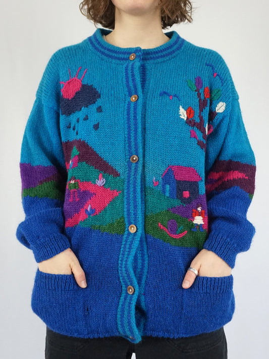 Colourful Countryside Embroidered Cardigan - L