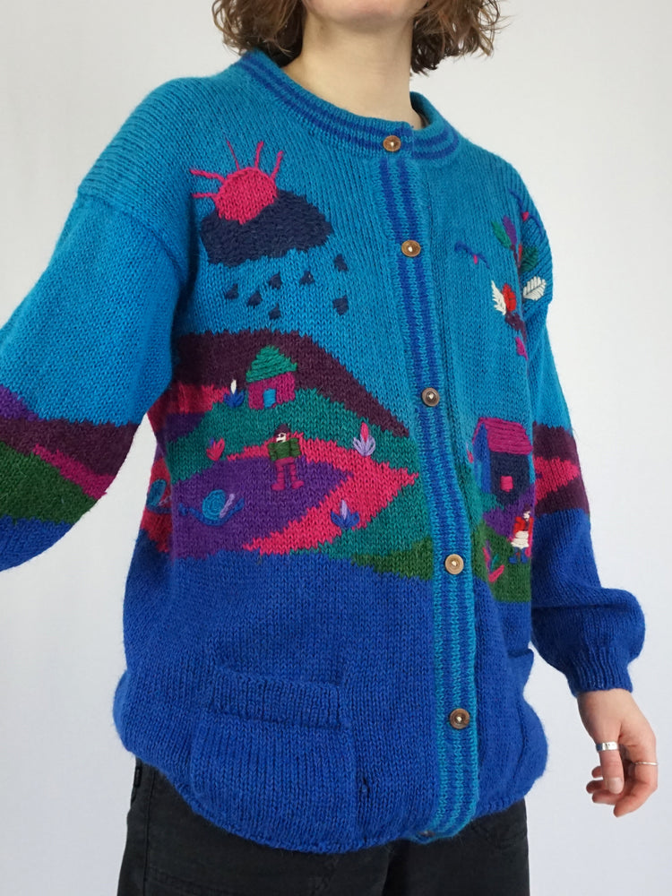 Colourful Countryside Embroidered Cardigan - L