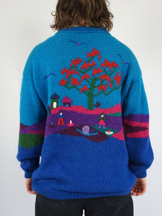 Colourful Countryside Embroidered Cardigan - L