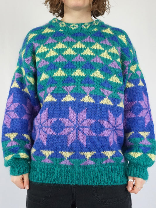 Green Colourful Mohair Jumper - L
