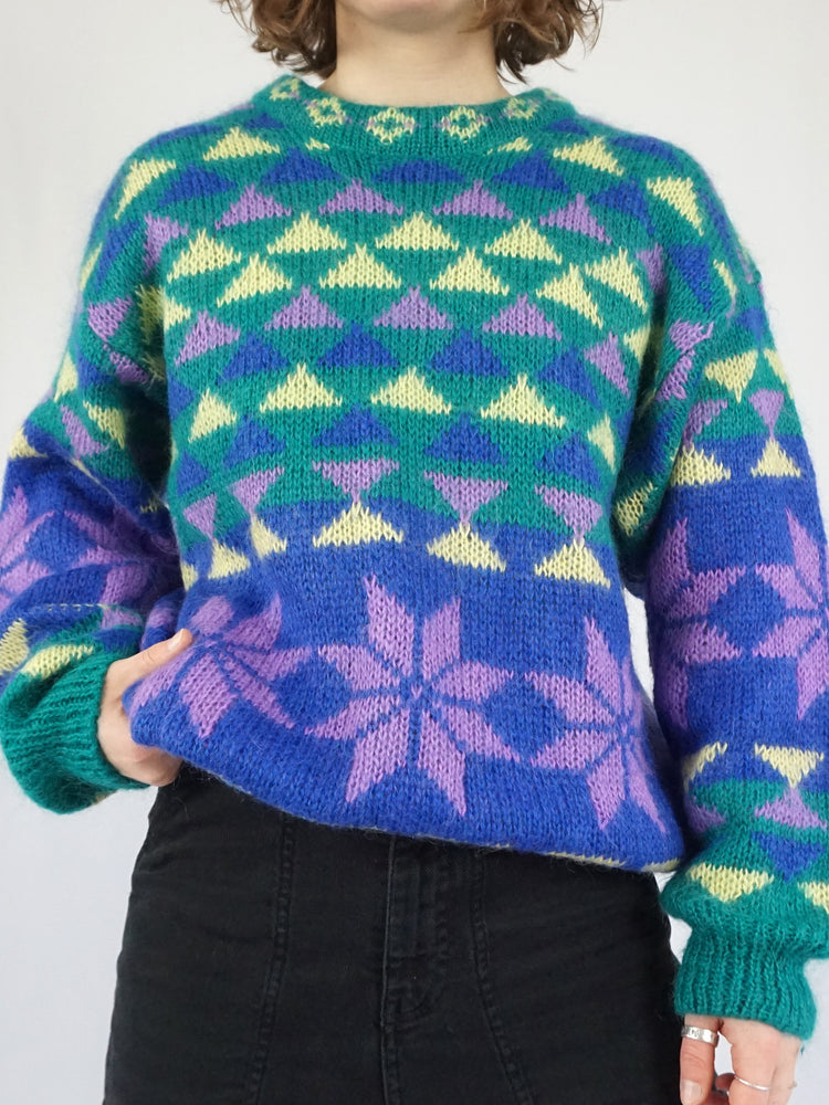 Green Colourful Mohair Jumper - L