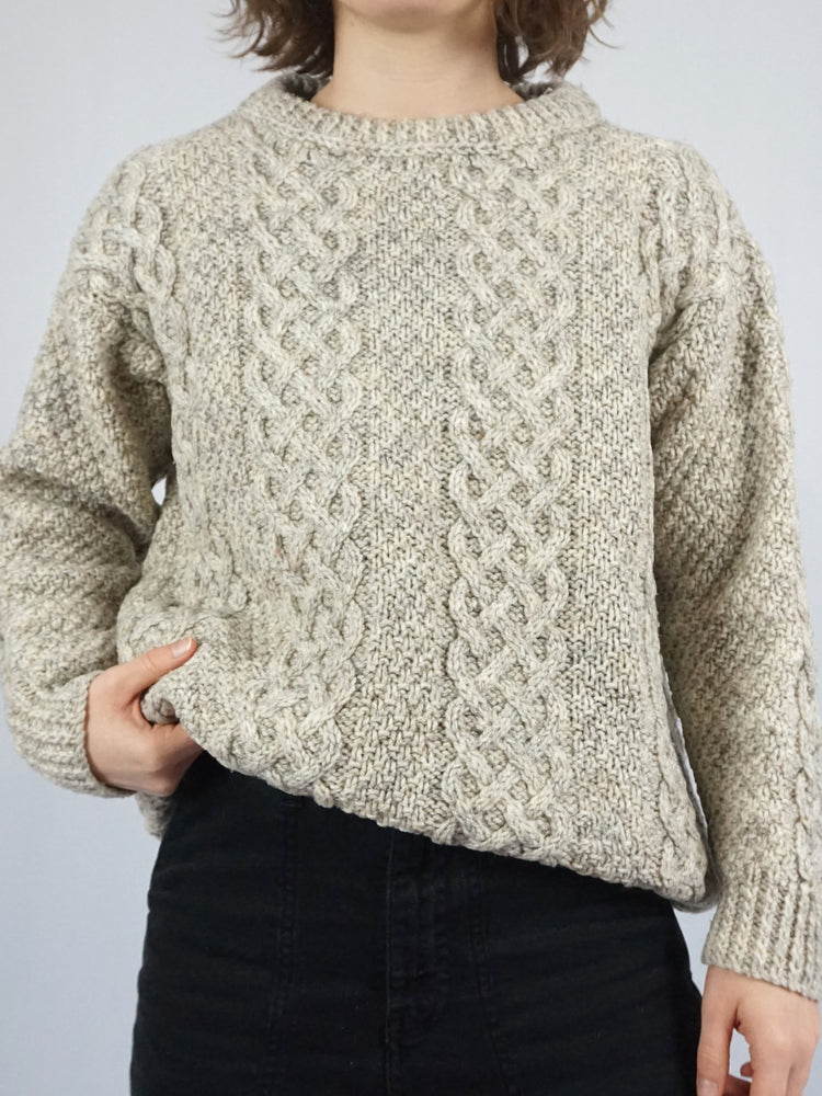 Beige Aran Knitted Jumper - L
