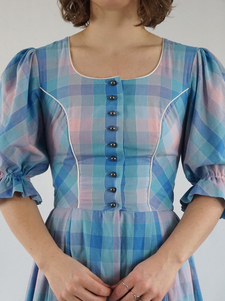Blue & Pink Checkered Dirndl Dress - S