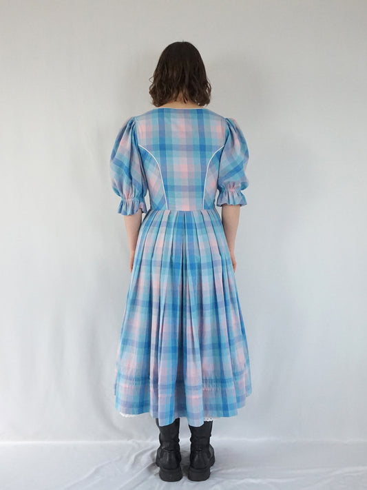 Blue & Pink Checkered Dirndl Dress - S