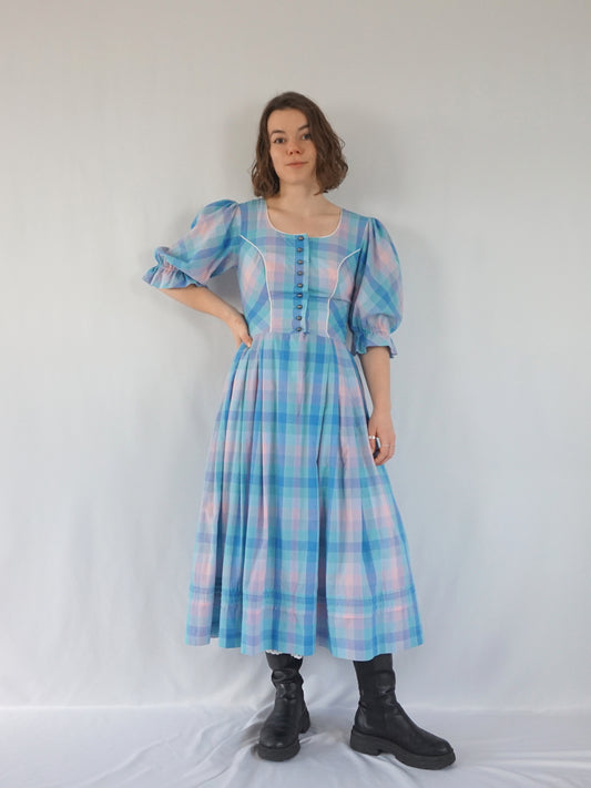 Blue & Pink Checkered Dirndl Dress - S