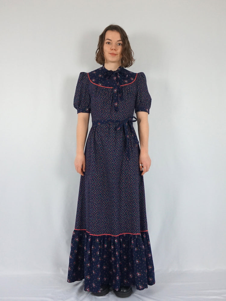 Navy Floral Cotton Maxi Dress - L