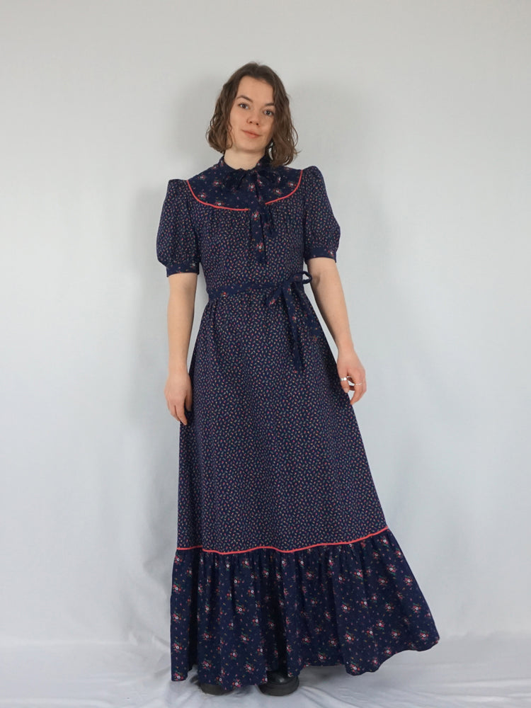 Navy Floral Cotton Maxi Dress - L