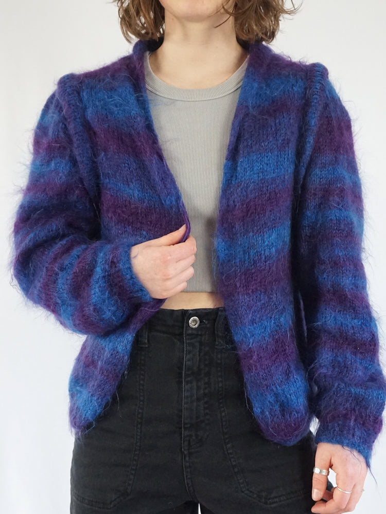 Blue & Purple Striped Mohair Cardigan - M