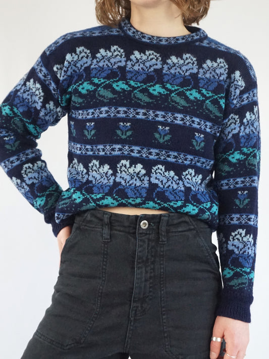 Blue Leaf Patterned Jumper - S