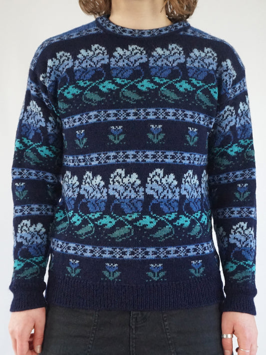 Blue Leaf Patterned Jumper - S