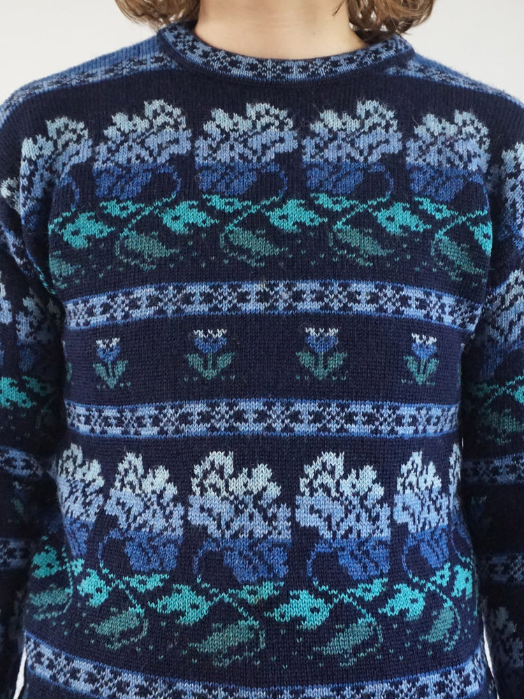 Blue Leaf Patterned Jumper - S
