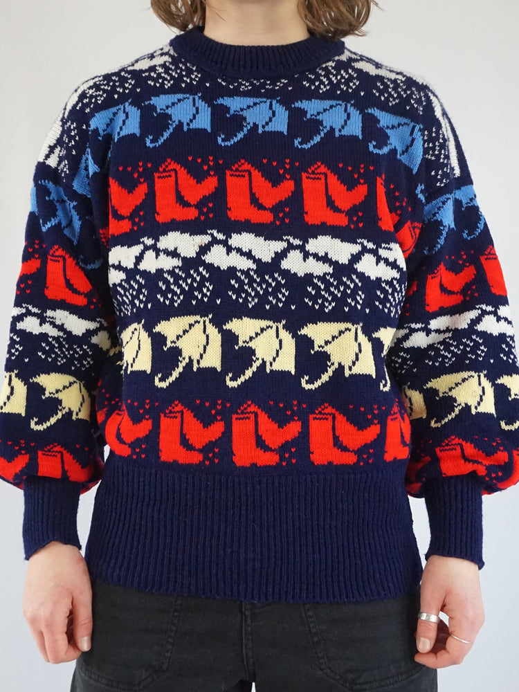 Umbrella, Wellies & Clouds Jumper - S/M