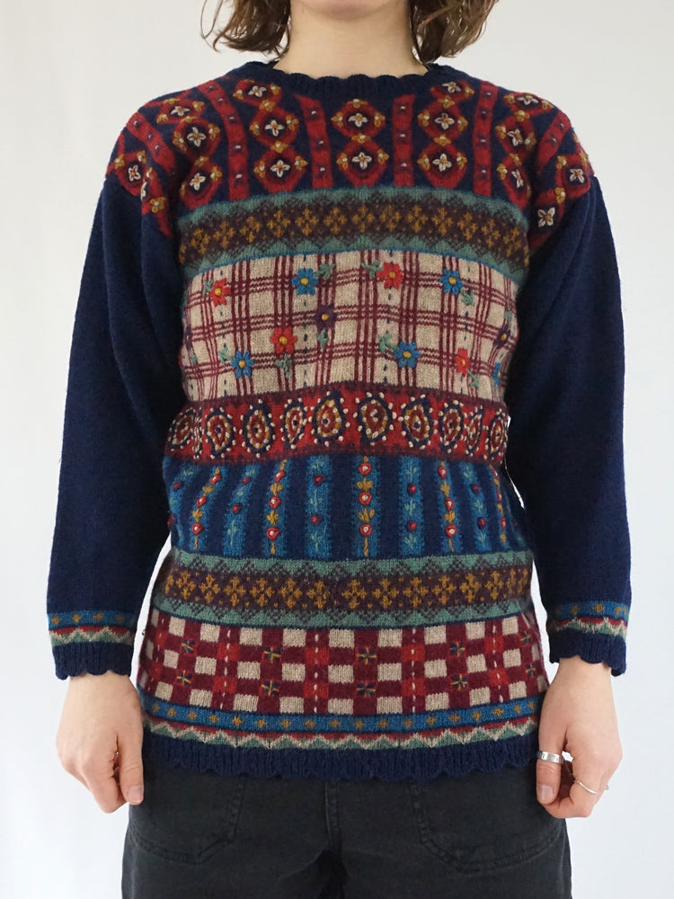 Navy Embroidered Wool Jumper - S