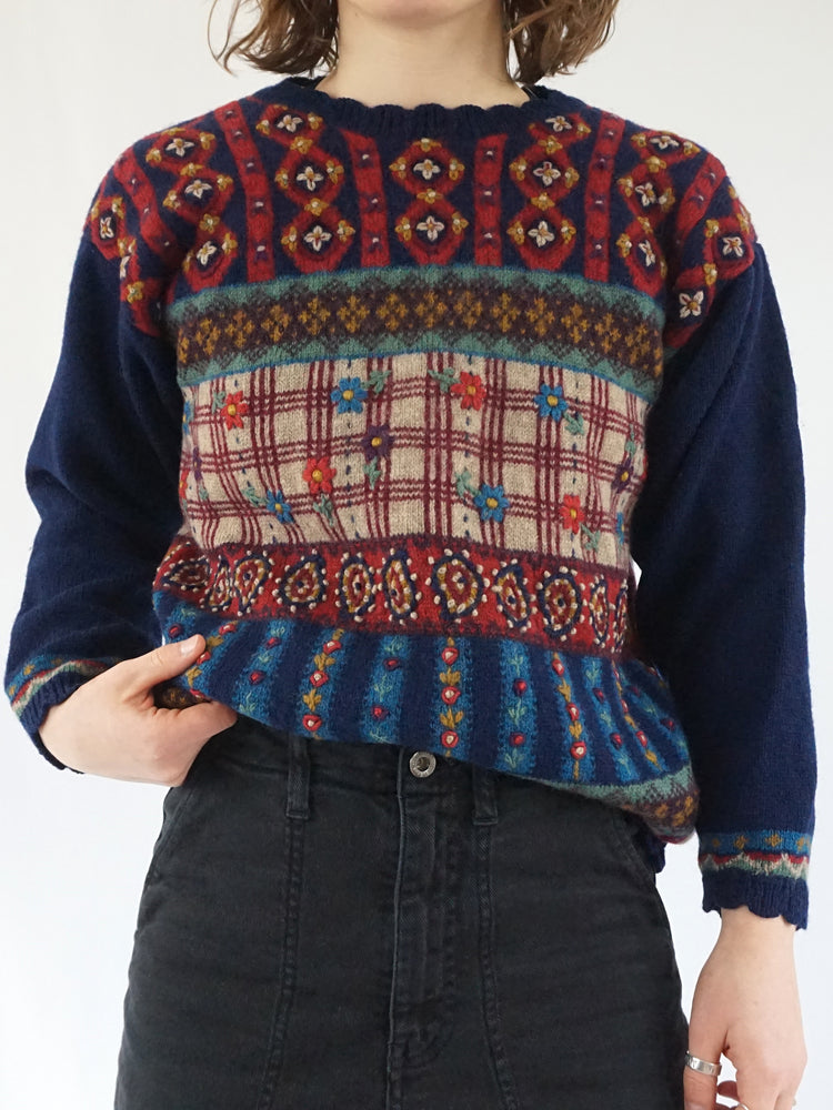 Navy Embroidered Wool Jumper - S
