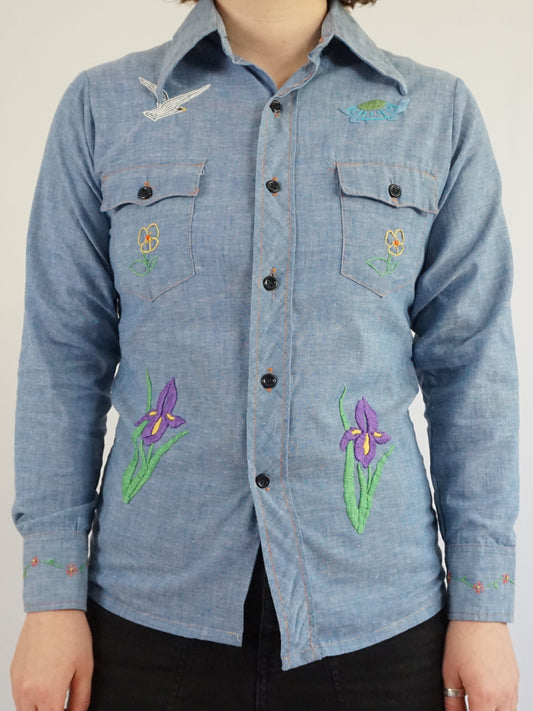 Funky Embroidered Denim Shirt - S