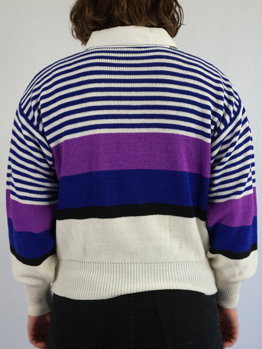 Blue & Purple Striped Polo Jumper - M