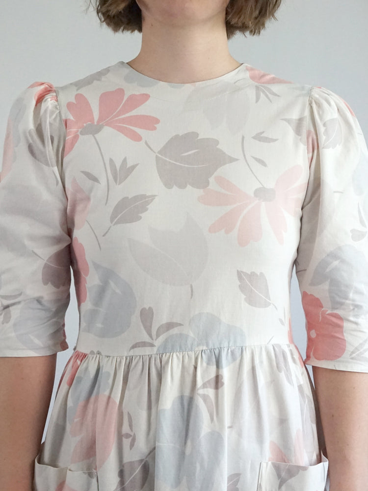 Pastel Floral Leaf Cotton Dress - S