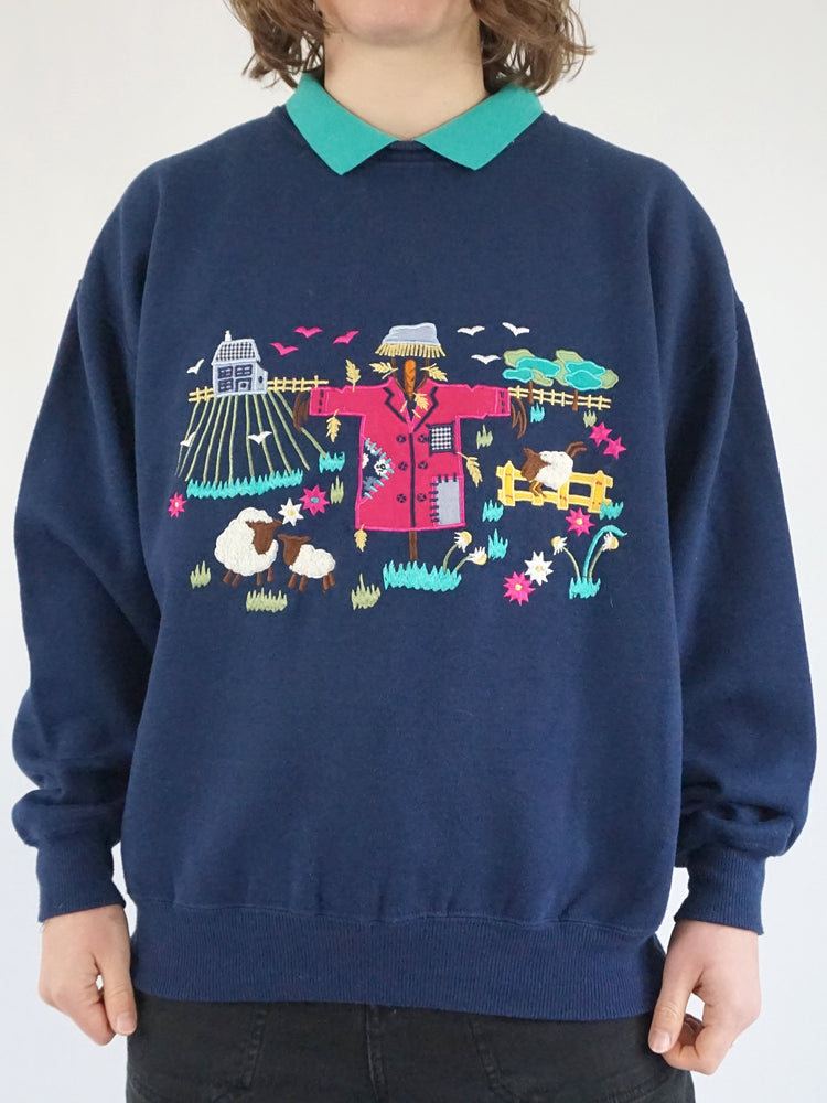 Scarecrow & Sheep Embroidered Sweatshirt - L