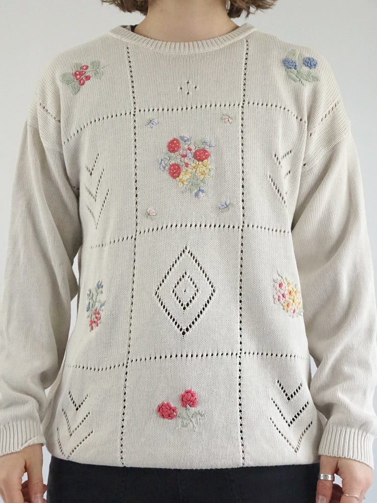 Strawberry & Floral Embroidered Jumper - L