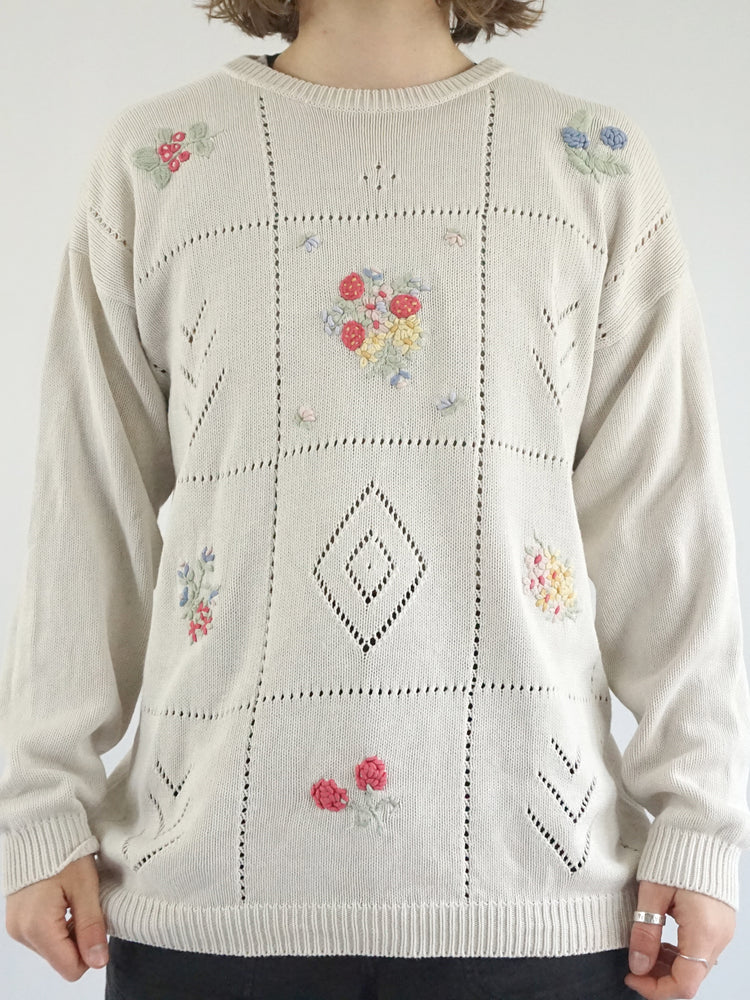 Strawberry & Floral Embroidered Jumper - L