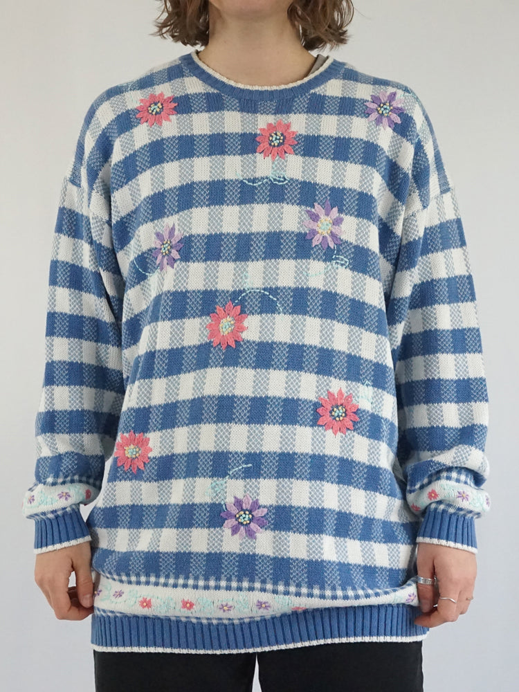 Floral Embroidered Checkered Jumper - XL
