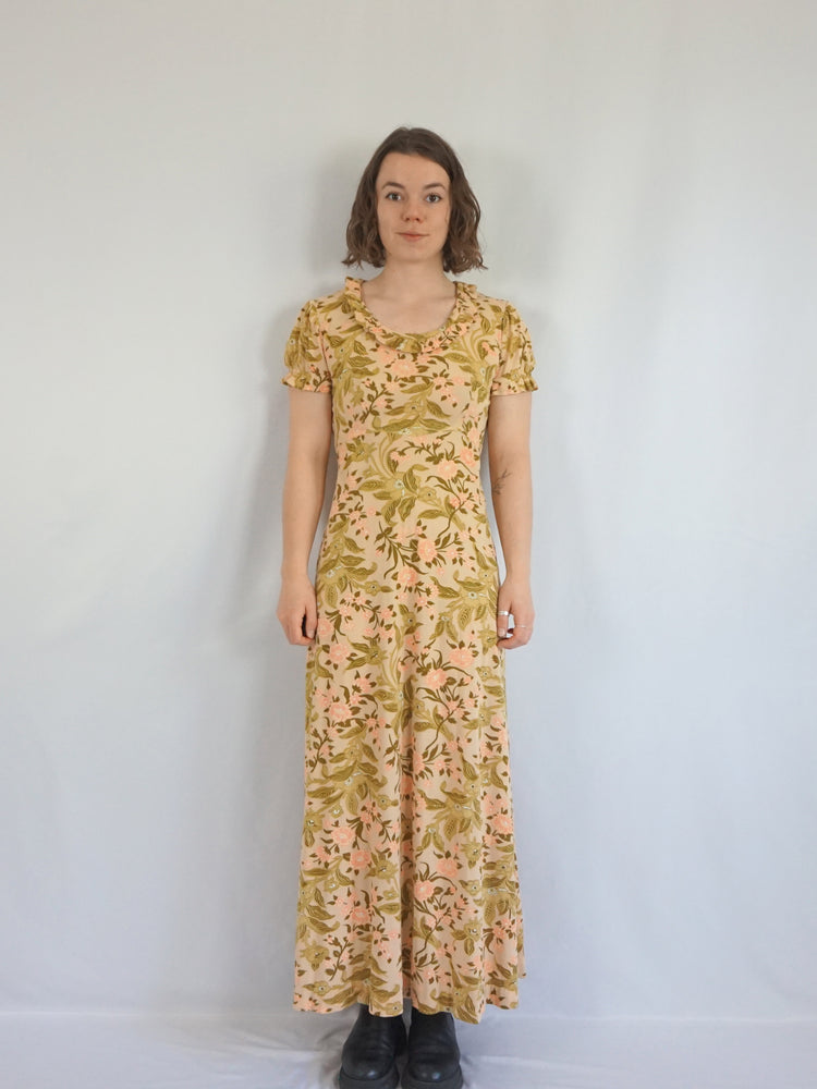 Beige Floral Maxi Dress - S