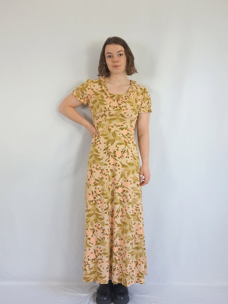 Beige Floral Maxi Dress - S